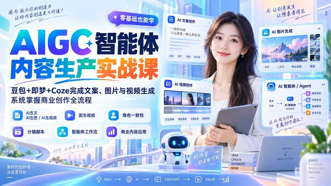 AIGC智能体内容生产实战课：豆包+即梦+Coze完成文案、图片与视频生成，系统掌握商业创作全流程-续财库