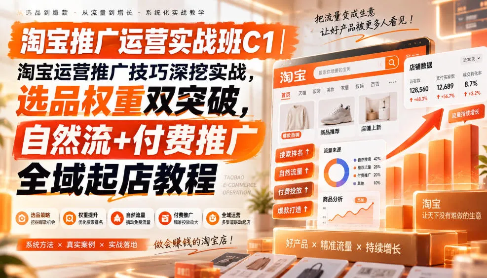 淘宝推广运营实战班C1｜淘宝运营推广技巧深挖实战，选品权重双突破，自然流+付费推广全域起店教程-续财库