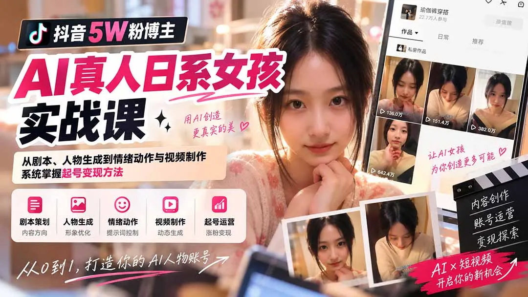 抖音5W粉博主AI真人日系女孩实战课：从剧本、人物生成到情绪动作与视频制作，系统掌握起号变现方法-续财库
