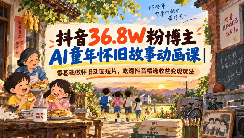 抖音36.8W粉博主AI童年怀旧故事动画课｜零基础做怀旧动画短片，吃透抖音精选收益变现玩法-续财库
