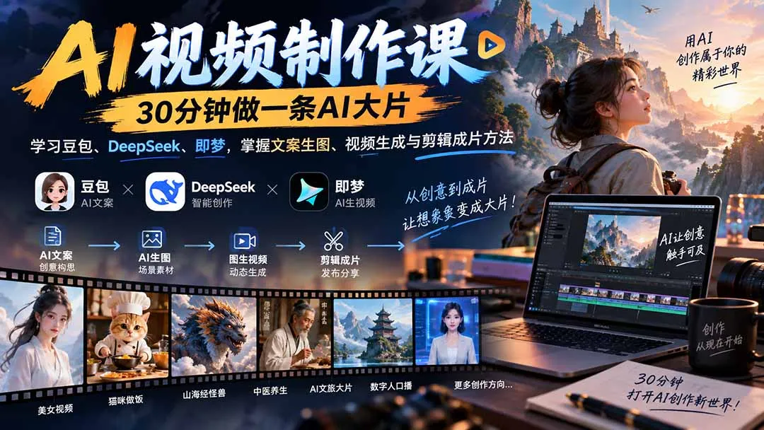 AI视频制作课-30分钟做一条AI大片:学习豆包、DeepSeek、即梦,掌握文案生图、视频生成与剪辑成片方法-续财库