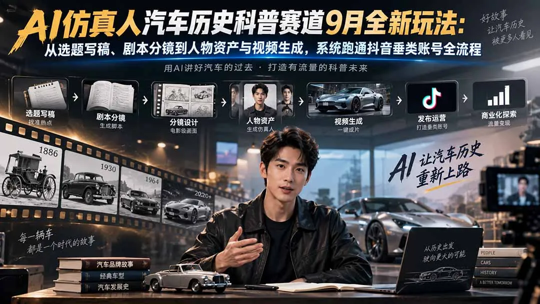 AI仿真人汽车历史科普赛道9月全新玩法：从选题写稿、剧本分镜到人物资产与视频生成，系统跑通抖音垂类账号全流程-续财库