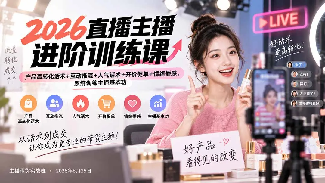 2026直播主播进阶训练课:产品高转化话术+互动推流+人气话术+开价促单+情绪播感,系统训练主播基本功-续财库