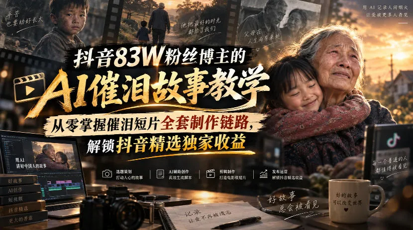 抖音83W粉丝博主的AI催泪故事教学，从零掌握催泪短片全套制作链路，解锁抖音精选独家收益-续财库