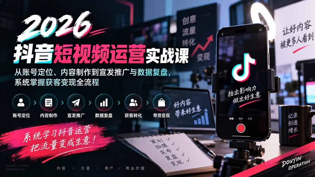 2026抖音短视频运营实战课：从账号定位、内容制作到宣发推广与数据复盘，系统掌握获客变现全流程-续财库