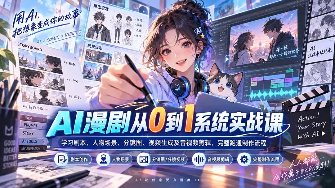 AI漫剧从0到1系统实战课:学习剧本、人物场景、分镜图、视频生成及音视频剪辑,完整跑通制作流程-续财库
