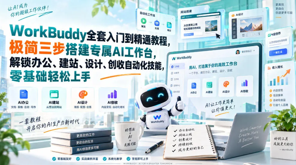 WorkBuddy全套入门到精通教程，极简三步搭建专属AI工作台，解锁办公、建站、设计、创收自动化技能，零基础轻松上手-续财库