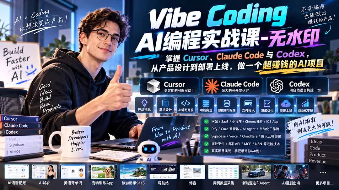 Vibe Coding AI编程实战课-无水印:掌握Cursor、Claude Code与Codex,从产品设计到部署上线,做一个超赚钱的AI项目-续财库