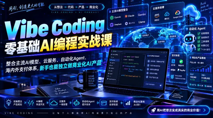 Vibe Coding零基础AI编程实战课-无水印，整合主流AI模型、云服务、自动化Agent、海内外支付体系，新手也能独立做商业化AI产品-续财库