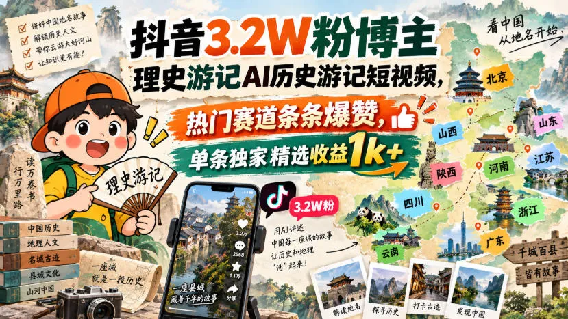 抖音3.2W粉博主理史游记AI历史游记短视频教学,热门赛道条条爆赞,单条独家精选收益1k+-续财库