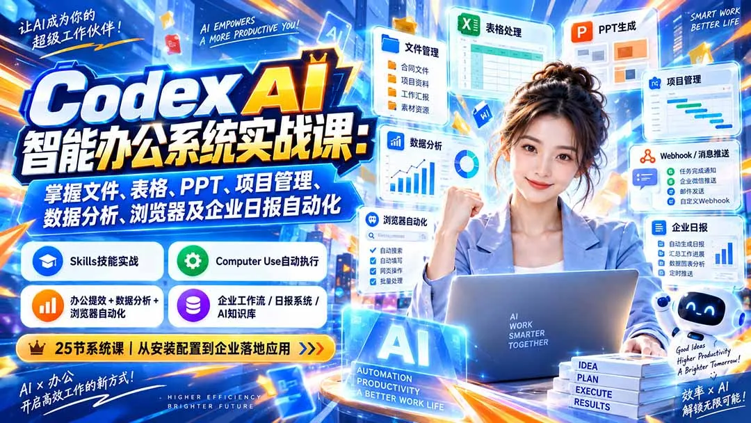 Codex AI智能办公系统实战课:掌握文件、表格、PPT、项目管理、数据分析、浏览器及企业日报自动化-续财库