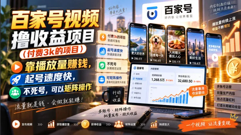 百家号视频撸收益项目(付费3k的项目)，靠播放量賺钱，起号速度快，不死号，可以矩阵操作-续财库