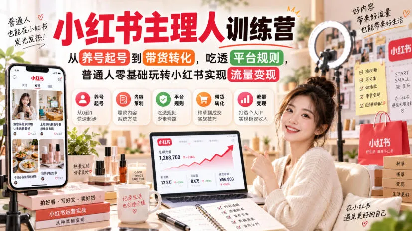 小红书主理人训练营,从养号起号到带货转化,吃透平台规则,普通人零基础玩转小红书实现流量变现-续财库