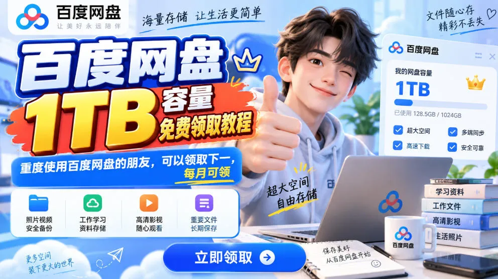 百度网盘1TB容量免费领取教程，重度使用百度网盘的朋友，可以领取下一，每月可领-续财库