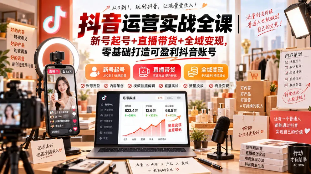 抖音运营实战全课｜新号起号+直播带货+全域变现，零基础打造可盈利抖音账号-续财库