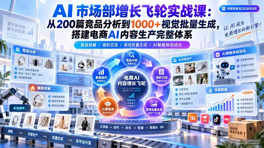 AI 市场部增长飞轮实战课:从200篇竞品分析到1000+视觉批量生成,搭建电商AI内容生产完整体系-续财库