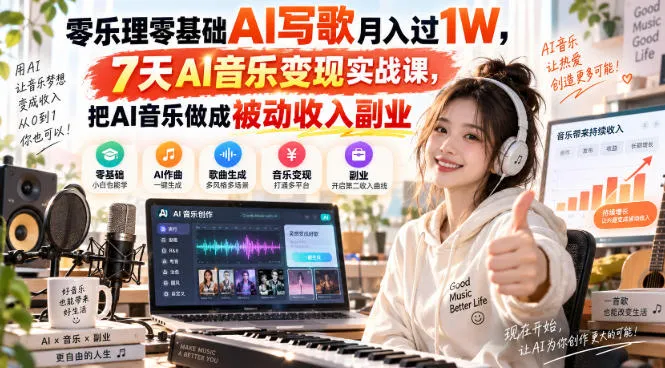 零乐理零基础AI写歌月入过1W，7天AI音乐变现实战课，把AI音乐做成被动收入副业-续财库