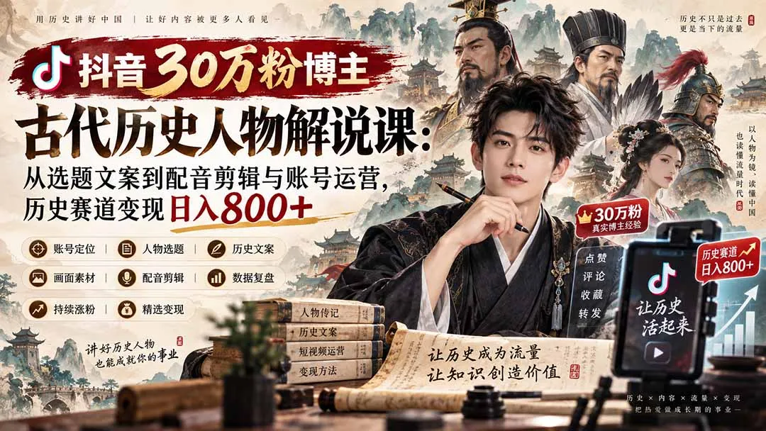 抖音30万粉博主古代历史人物解说课：从选题文案到配音剪辑与账号运营，历史赛道变现日入800+-续财库