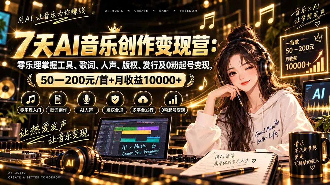 AI音乐创作变现营:零乐理掌握工具、歌词、人声、版权、发行及0粉起号变现,50—200元/首+月收益10000+-续财库