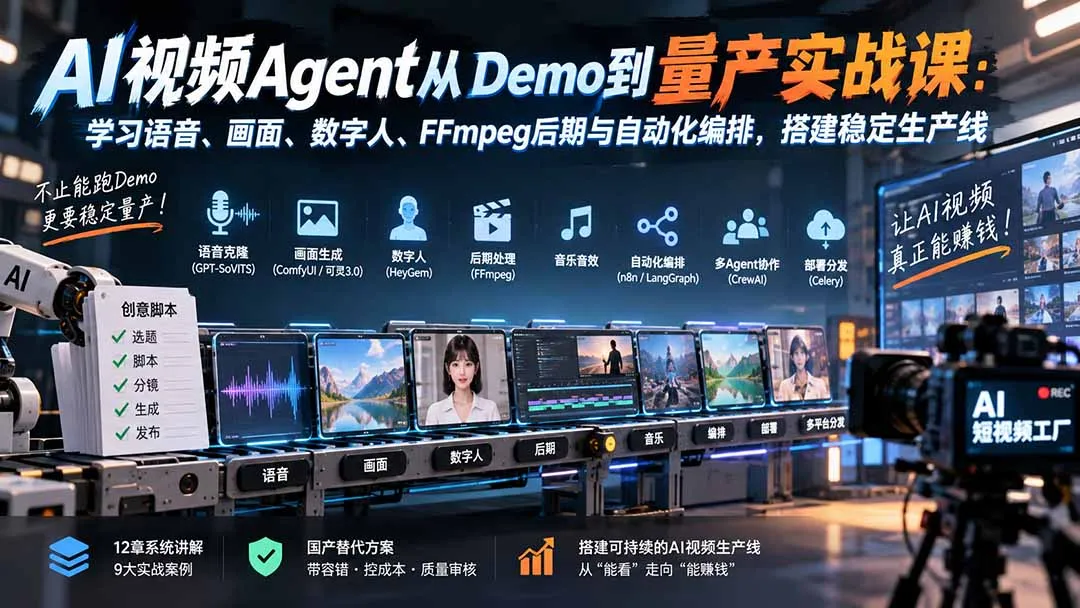 AI视频Agent从Demo到量产实战课：学习语音、画面、数字人、FFmpeg后期与自动化编排，搭建稳定生产线-续财库