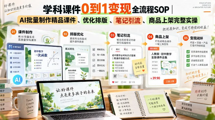 学科课件0到1变现全流程SOP｜AI批量制作精品课件、优化排版、笔记引流、商品上架完整实操​-续财库
