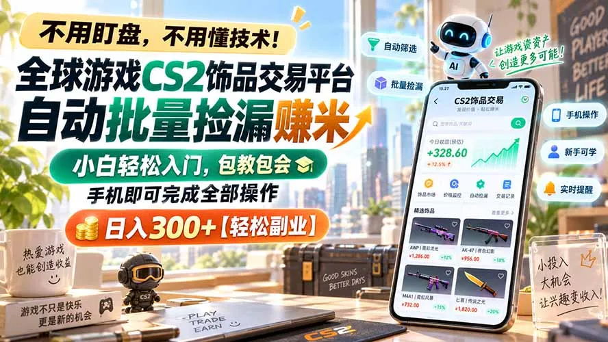 全球游戏CS2饰品交易平台自动批量捡漏赚米,小白轻松入门,包教包会,手机即可完成全部操作,日入300+【轻松副业】-续财库