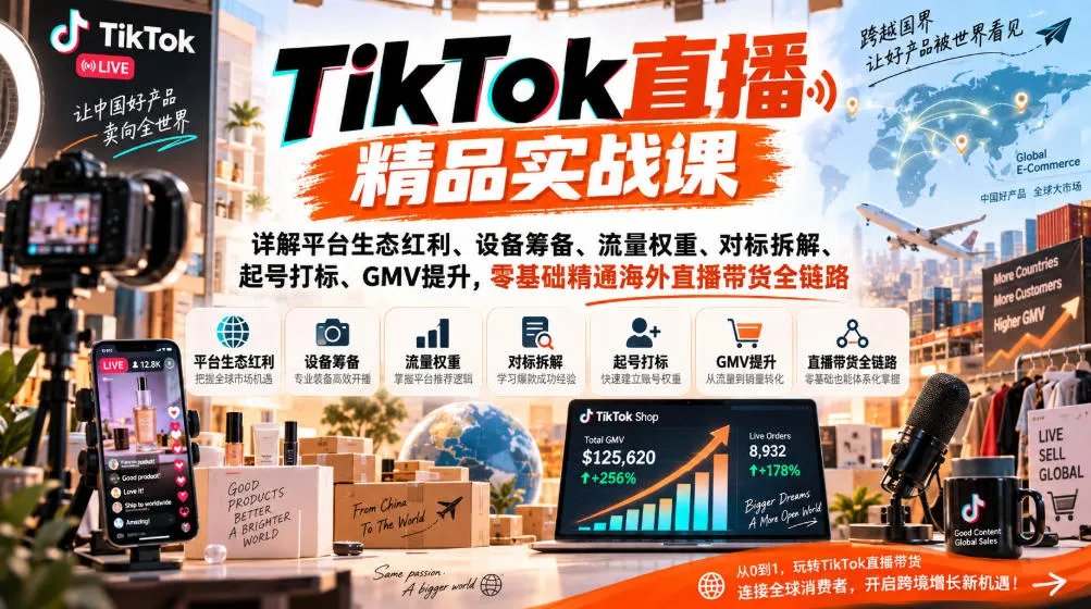 TikTok直播精品实战课,详解平台生态红利、设备筹备、流量权重、对标拆解、起号打标、GMV提升,零基础精通海外直播带货全链路-续财库