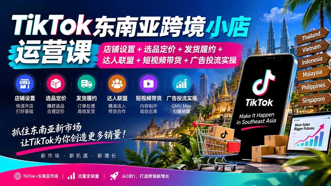 TikTok东南亚跨境小店运营课:店铺设置+选品定价+发货履约+达人联盟+短视频带货+广告投流实操-续财库