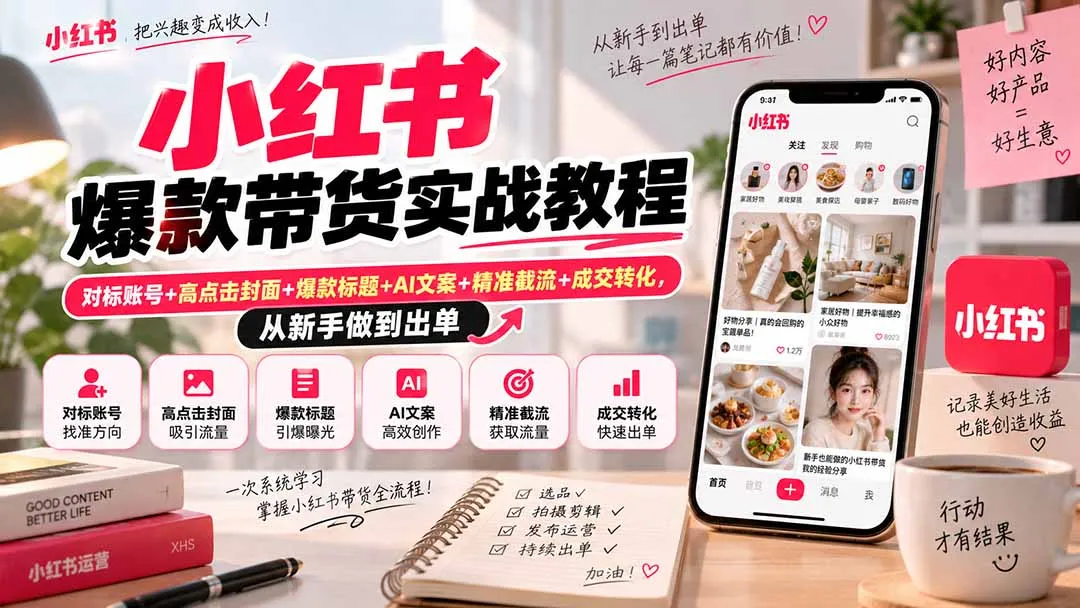 小红书爆款带货实战教程｜对标账号+高点击封面+爆款标题+AI文案+精准截流+成交转化，从新手做到出单-续财库