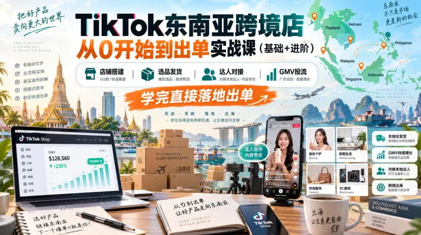 TikTok东南亚跨境店从0开始到出单实战课(基础+进阶),店铺搭建、选品发货、达人对接、GMV投流,学完直接落地出单-续财库