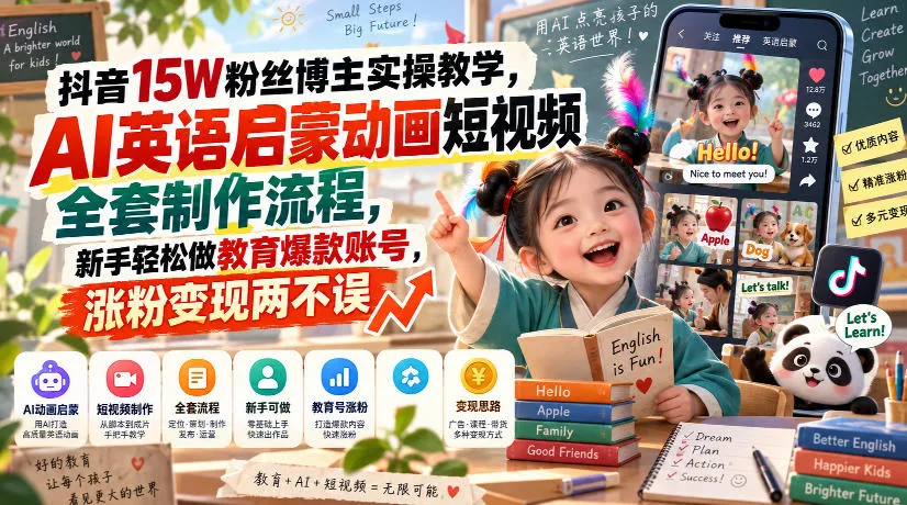 抖音15W粉丝博主实操教学，AI英语启蒙动画短视频全套制作流程，新手轻松做教育爆款账号，涨粉变现两不误-续财库