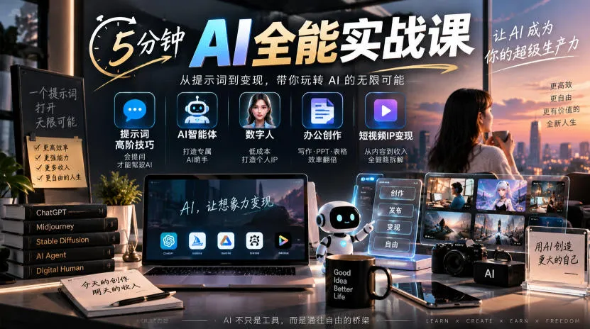 5分钟AI全能实战课｜提示词高阶技巧+AI智能体+数字人+办公创作+短视频IP变现全教程-续财库