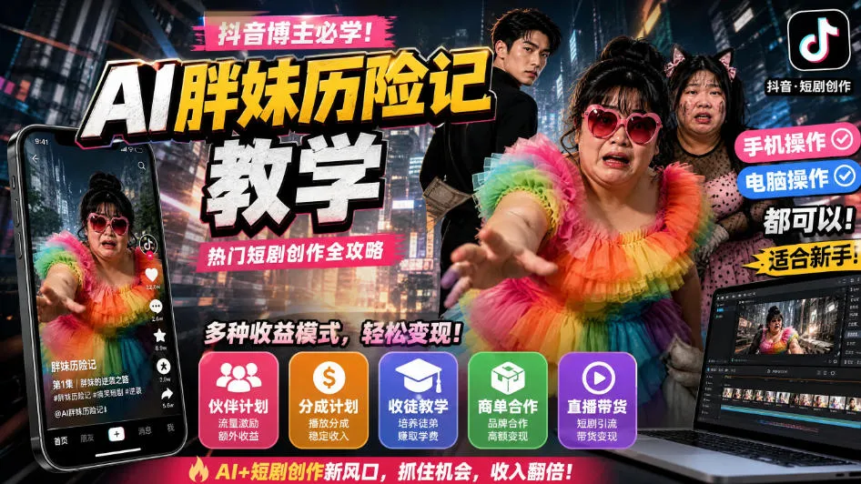 抖音博主的AI胖妹历险记教学，伙伴计划+分成计划+收徒+商单等多种收益，适合新手，手机电脑都可以操作-续财库