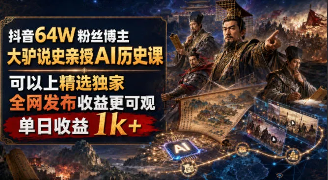 抖音64W粉丝博主大驴说史亲授AI历史课，可以上精选独家，全网发布收益更可观，单日收益1k+(更新)-续财库