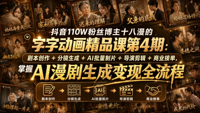 抖音110W粉丝博主十八漫的字字动画精品课第4期：剧本创作+分镜生成+剪辑+商业接单，掌握AI漫剧生成变现全流程(更新0916)-续财库