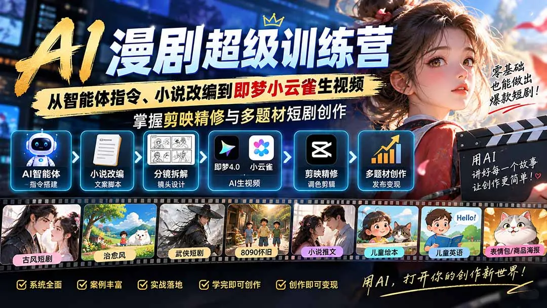 AI漫剧超级特训营：从智能体指令、小说改编到即梦小云雀生视频，掌握剪映精修与多题材短剧创作-续财库