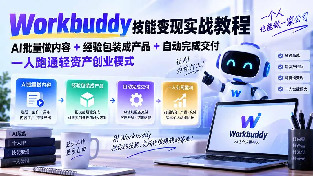 Workbuddy技能变现实战教程：AI批量做内容+经验包装成产品+自动完成交付，一人跑通轻资产创业模式-续财库