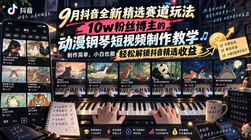 9月抖音全新精选赛道玩法,10w粉丝博主的动漫钢琴短视频制作教学,制作简单,小白也能轻松解锁抖音精选收益-续财库