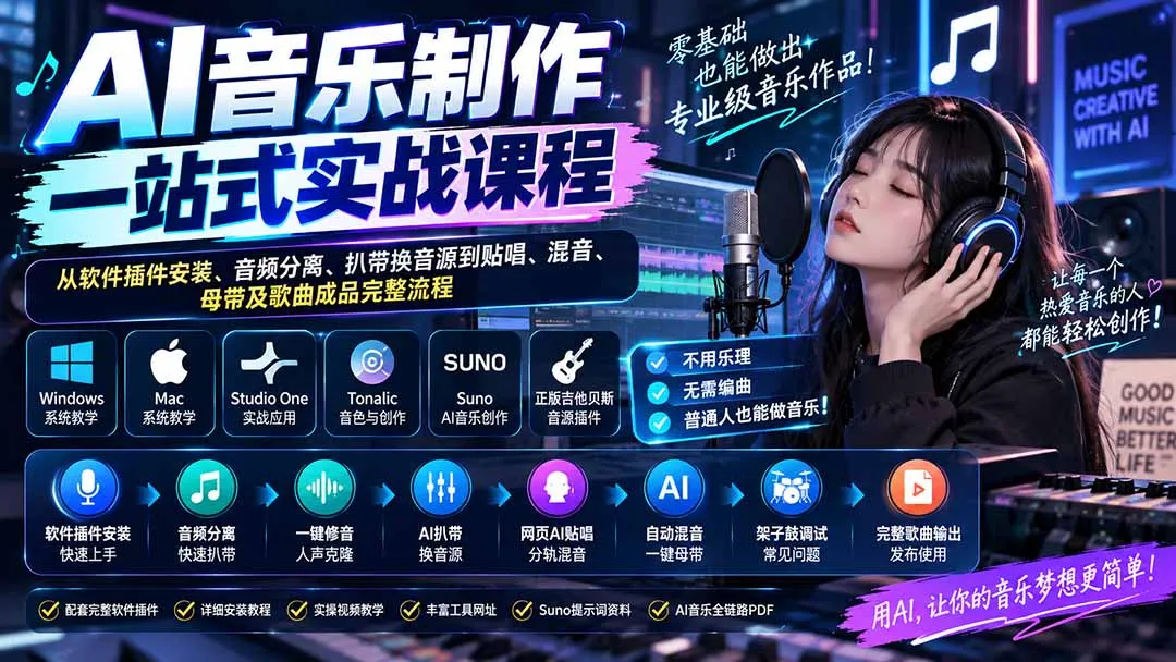 AI音乐制作一站式实战课程：从软件插件安装、音频分离、扒带换音源到贴唱、混音、母带及歌曲成品完整流程-续财库