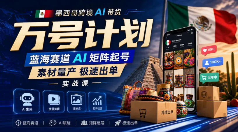 墨西哥跨境AI带货万号计划，蓝海赛道AI矩阵起号，素材量产极速出单实战课-续财库