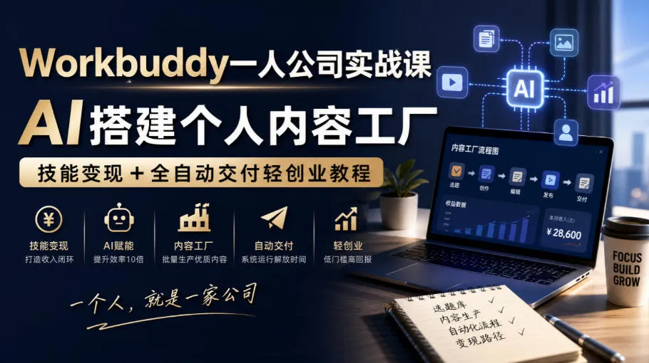 Workbuddy一人公司实战课，AI搭建个人内容工厂，技能变现+全自动交付轻创业教程​-续财库