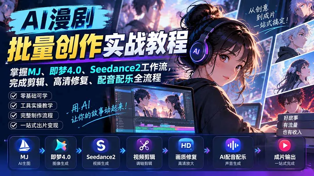AI漫剧批量创作实战教程：掌握MJ、即梦4.0、Seedance2工作流，完成剪辑、高清修复、配音配乐全流程-续财库