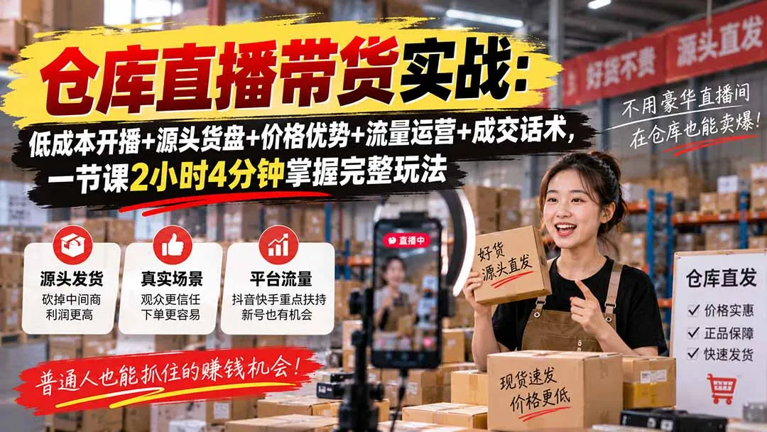 仓库直播带货实战:低成本开播+源头货盘+价格优势+流量运营+成交话术,一节课2小时4分钟掌握完整玩法-续财库