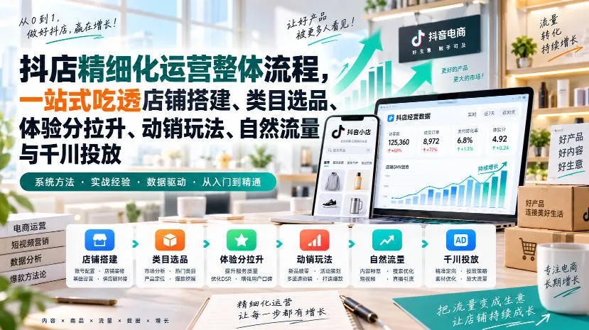 李哥电商-抖店精细化运营整体流程,一站式吃透店铺搭建、类目选品、体验分拉升、动销玩法、自然流量与千川投放-续财库