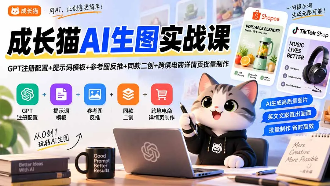 成长猫AI生图实战课｜GPT注册配置+提示词模板+参考图反推+同款二创+跨境电商详情页批量制作-续财库