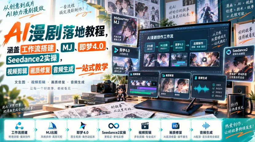 AI漫剧落地教程，涵盖工作流搭建、MJ、即梦4.0、Seedance2实操，视频剪辑画质修复音频生成一站式教学-续财库