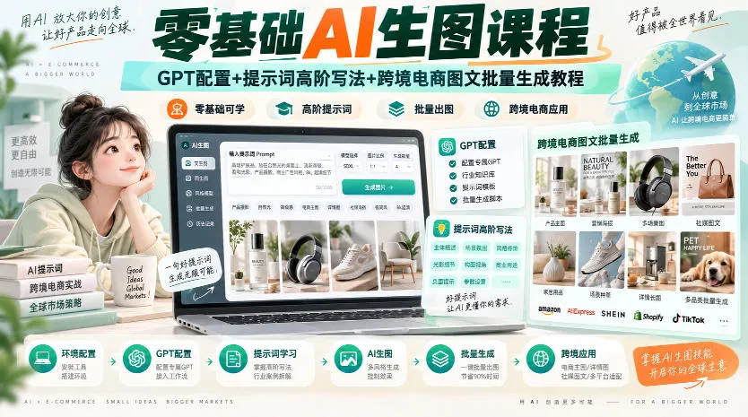 零基础AI生图课程，GPT配置+提示词高阶写法+跨境电商图文批量生成教程-续财库