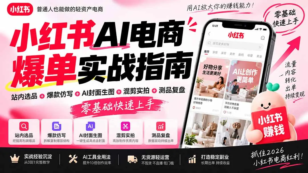 2026小红书AI电商爆单实战指南：站内选品+爆款仿写+AI封面生图+混剪实拍+测品复盘，零基础快速上手-续财库