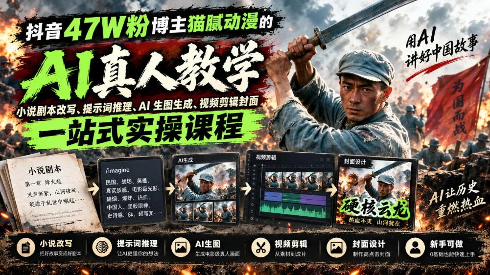抖音47W粉博主猫腻动漫的AI真人漫剧教学，小说剧本改写、提示词推理、AI生图生成、视频剪辑封面一站式实操课程-续财库