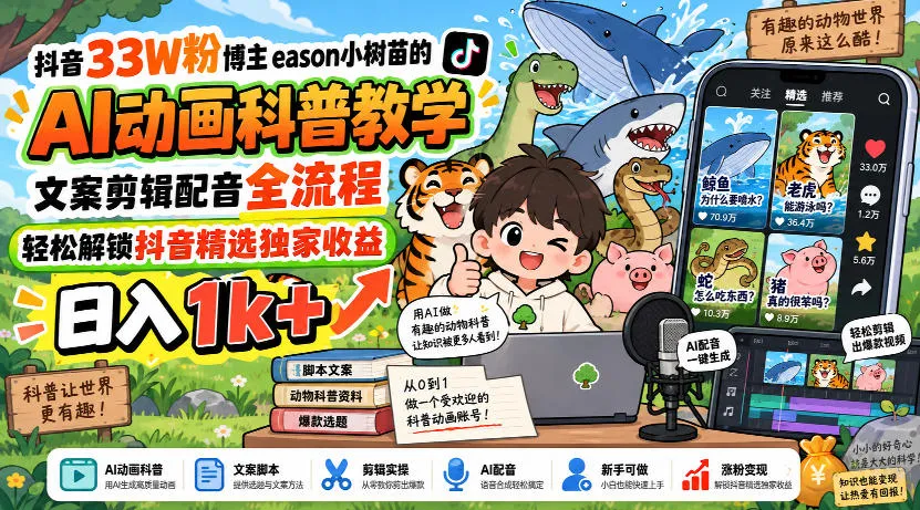 抖音33W粉博主eason小树苗的AI动画科普教学，文案剪辑配音全流程，轻松解锁抖音精选独家收益，日入1k+-续财库